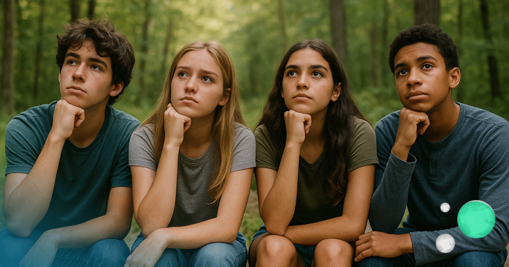 Teenagers engaged in reflective thinking in a forest setting, illustrating critical and creative competencies.