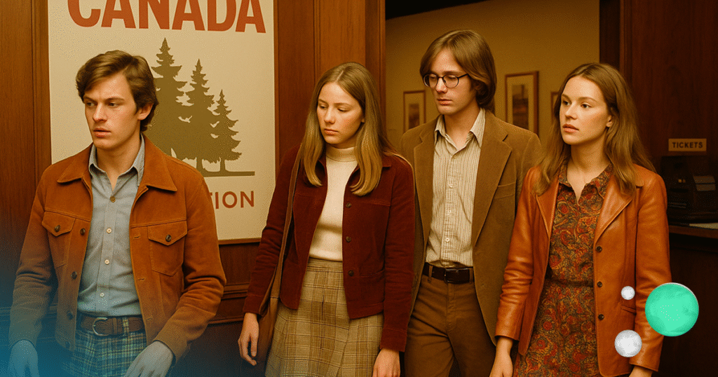 Four young adults in 1970s attire stand inside a wood-paneled Canadian museum lobby.
