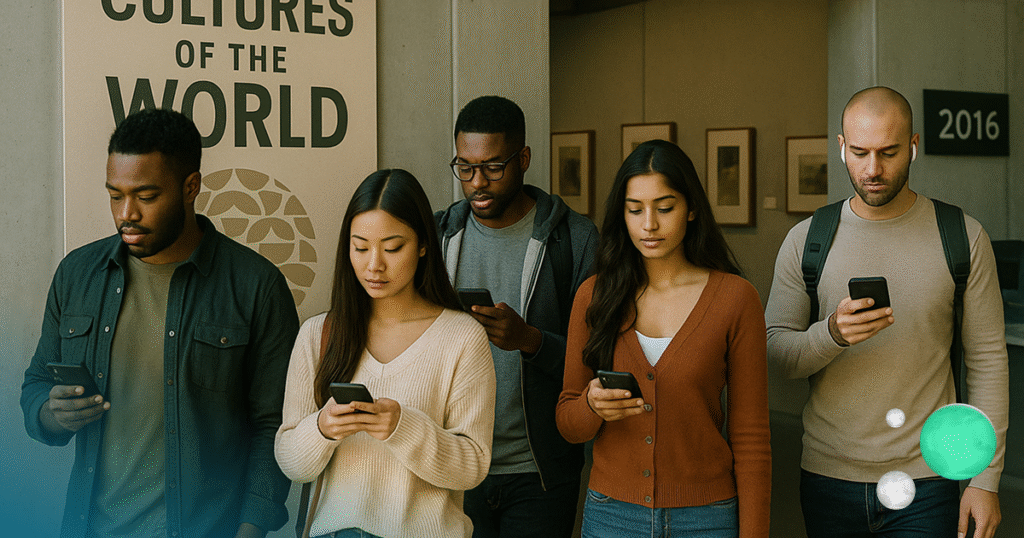 Five young museum visitors check phones while passing an exhibit titled “Cultures of the World.”