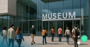 Diverse visitors walking toward a glass-fronted museum entrance under a large “MUSEUM” sign
